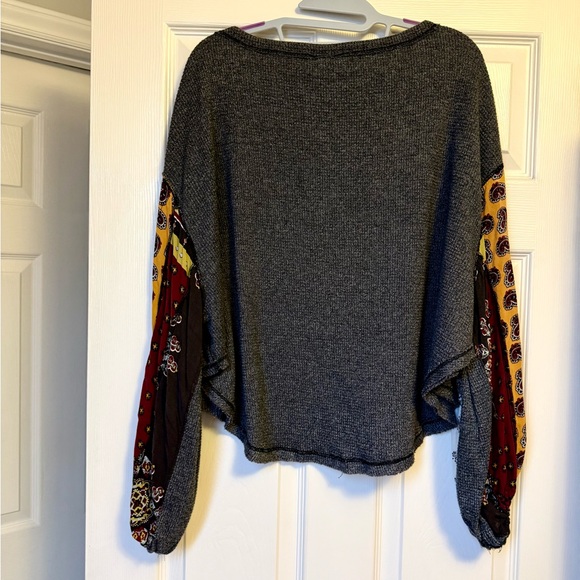 We The Free Charcoal Top with Colorful Patterned Sleeves - Picture 3 of 8